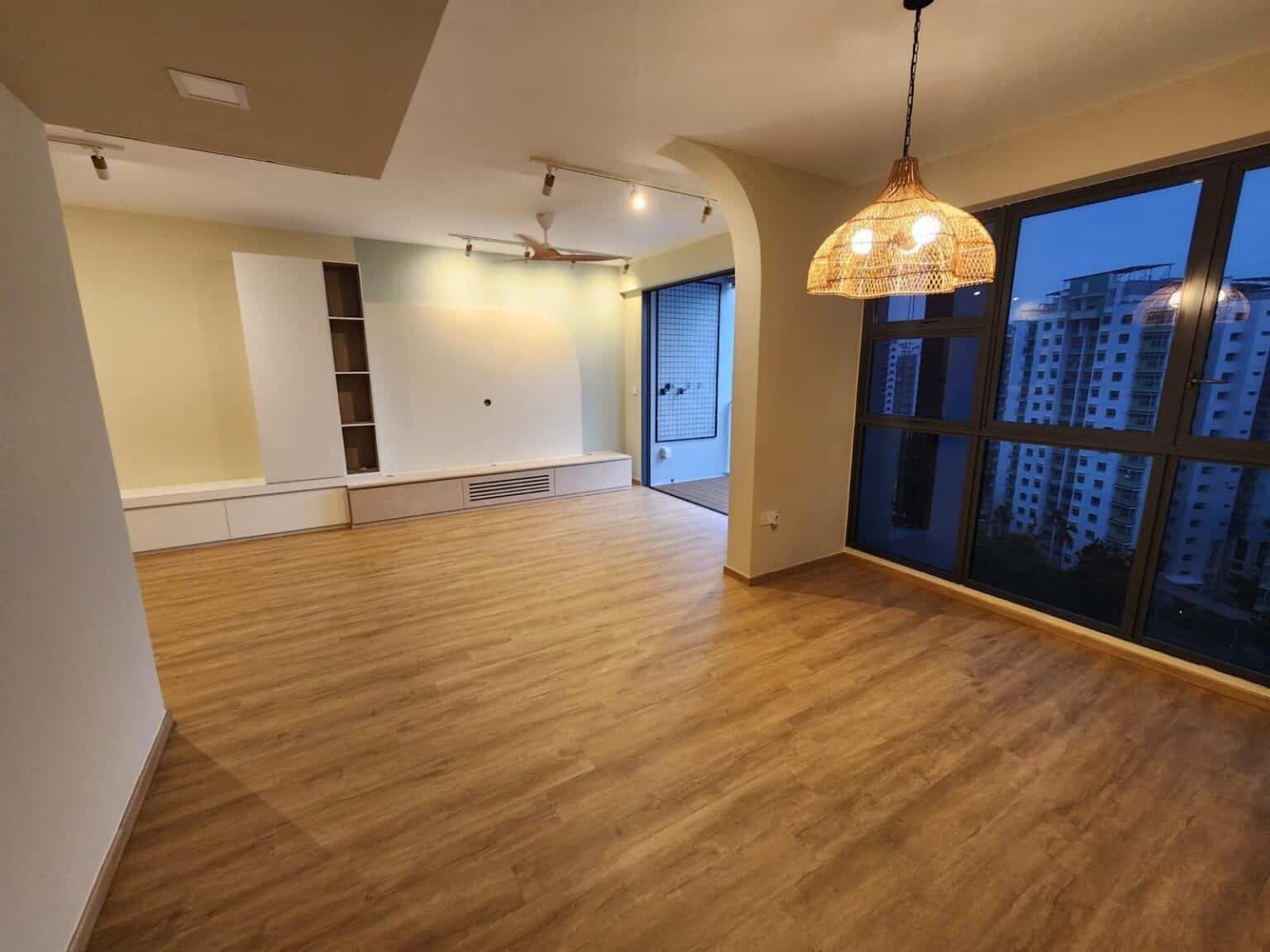 Estuary Oak SC 09 vinyl flooring in the living and dining area, Blk 31A Punggol Field HDB