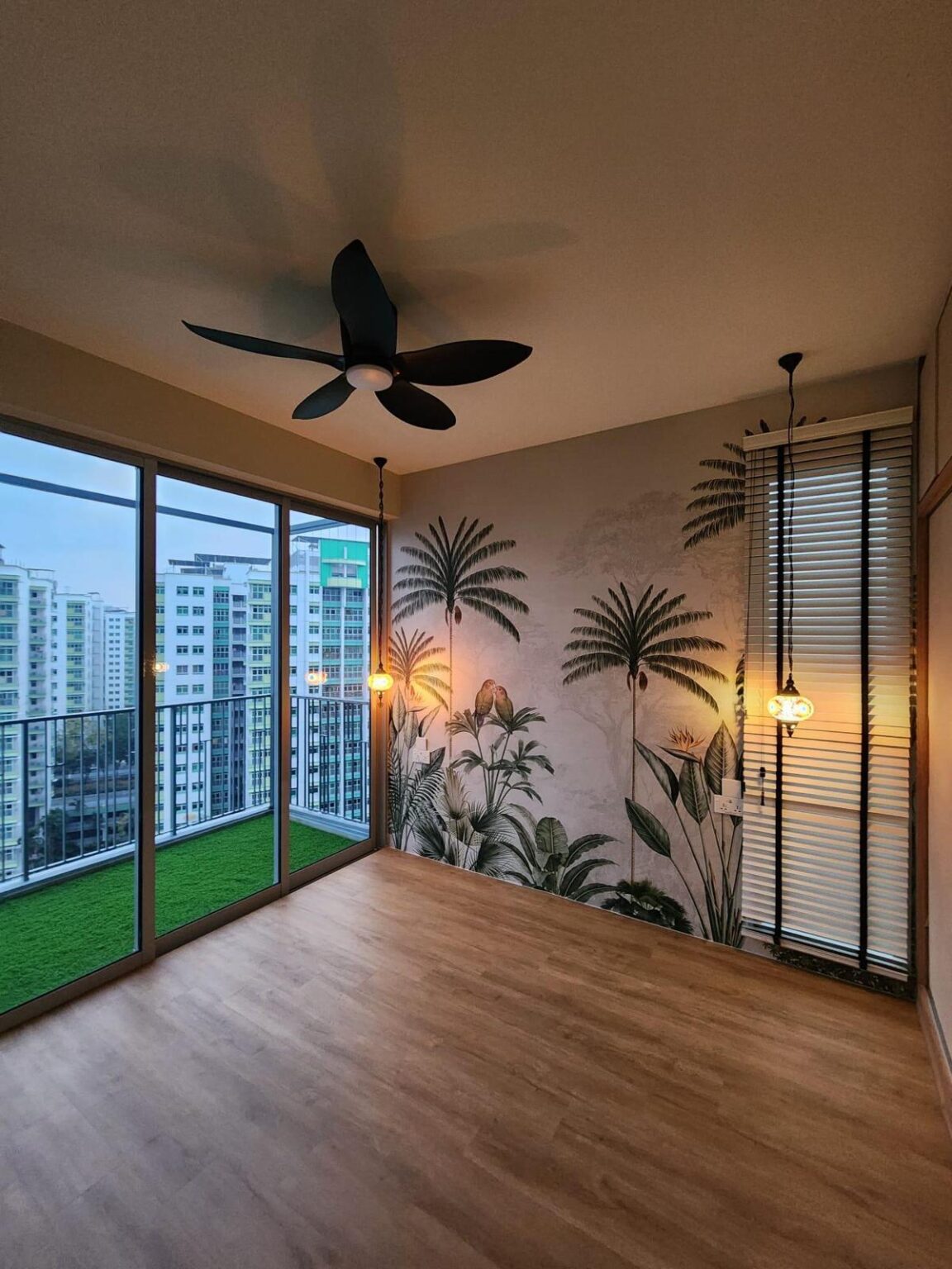Estuary Oak SC 09 vinyl flooring in a bedroom at dusk, Blk 31A Punggol Field HDB