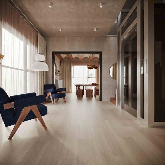 Room preview showing Valley Oak vinyl plank laid across a living space